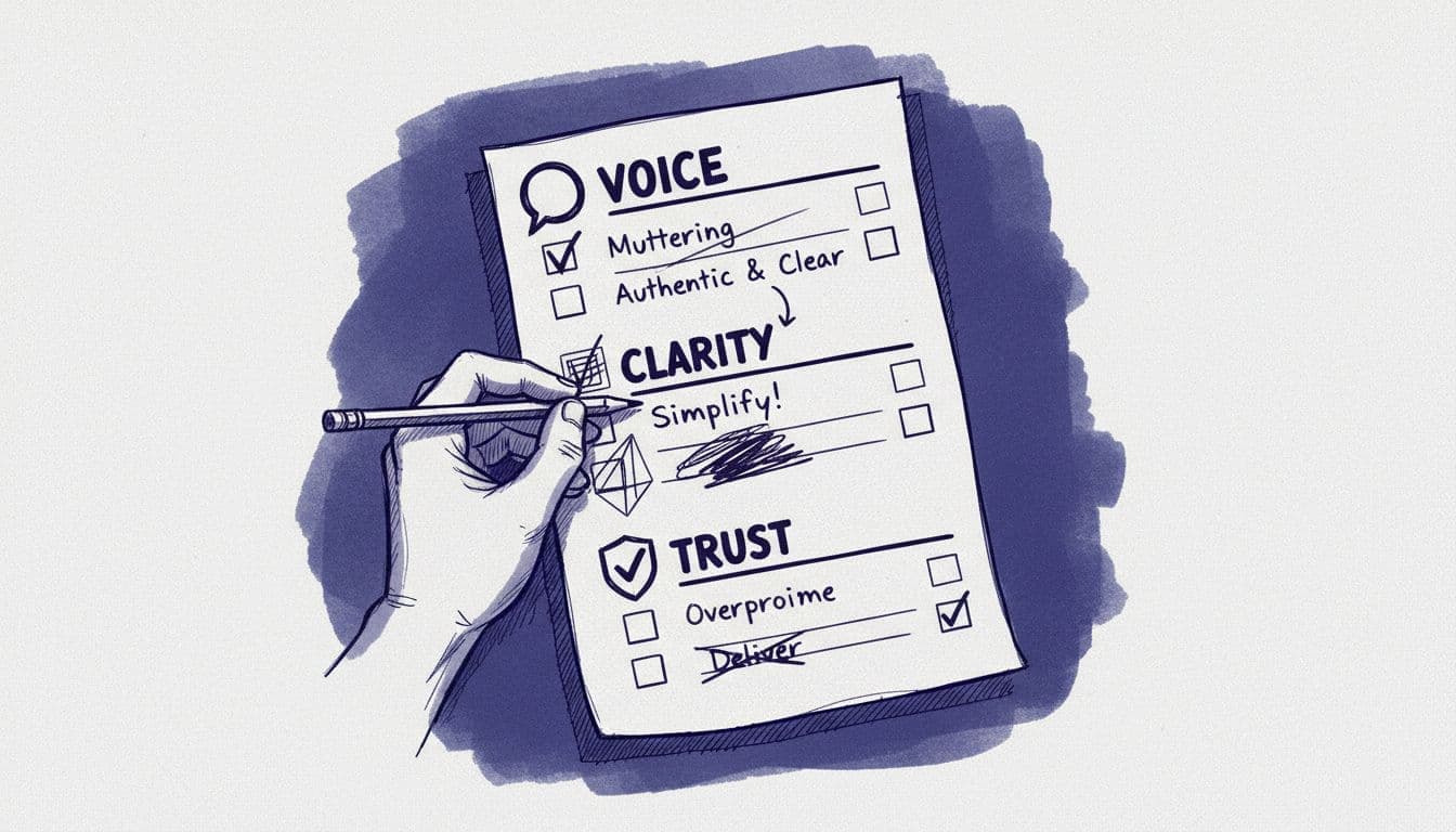 Sketchy hand-drawn ink illustration of a checklist with Voice, Clarity, and Trust sections, featuring a hand ticking boxes and simplifying text, using icons like speech bubble, prism, and shield in deep blues, purples, and blacks.