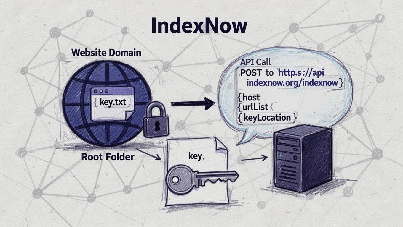 Hand-drawn illustration in sketch style depicting IndexNow technical setup: central website globe with key.txt file and padlock verification, arrow to API POST call bubble labeling host, key, urlList, and keyLocation parameters.