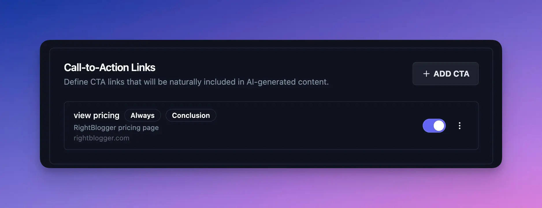 List of CTA links in a RightBlogger project