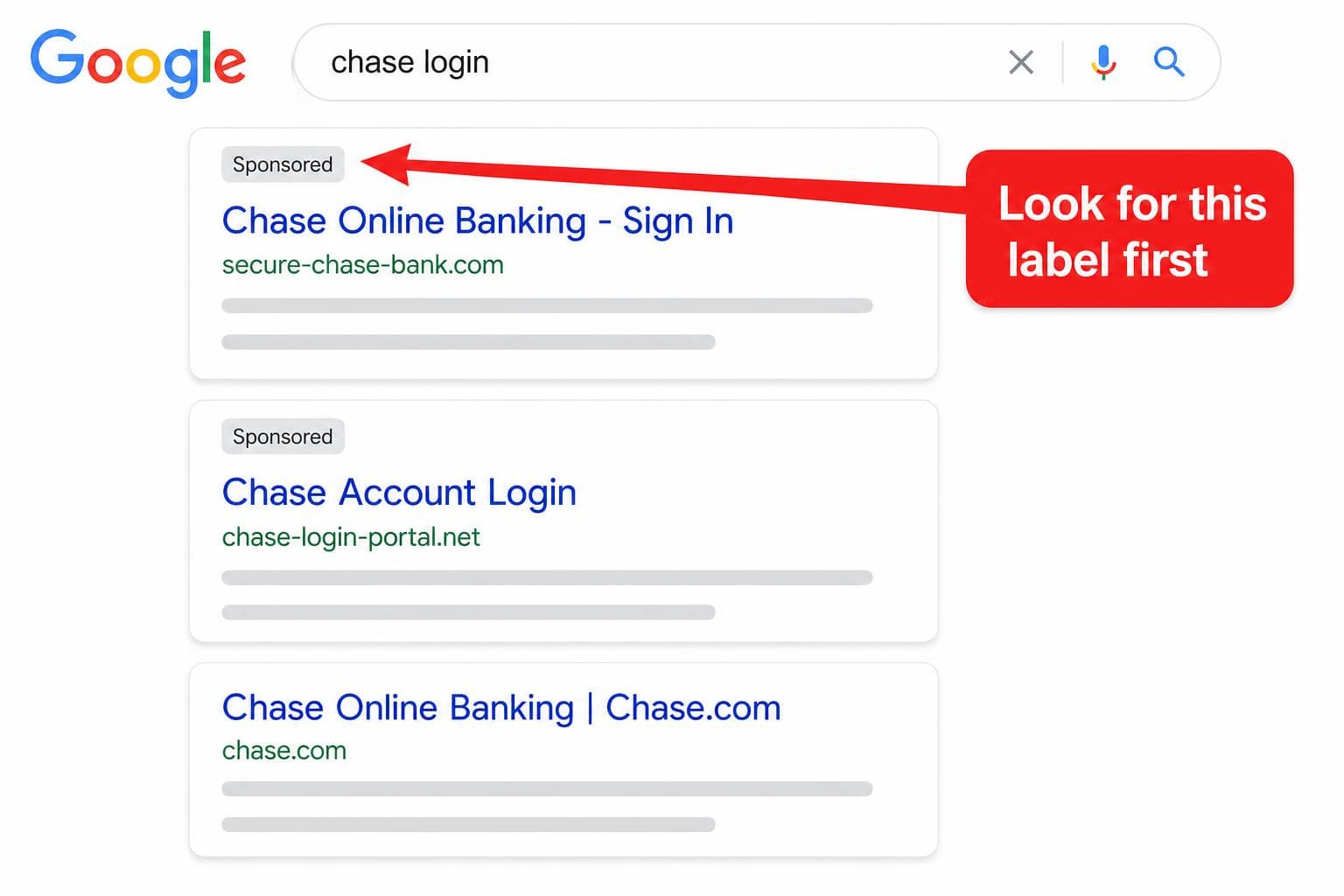 Annotated Google search results showing two Sponsored ads at the top with a callout reading 'Look for this label first', and a real chase.com organic result below