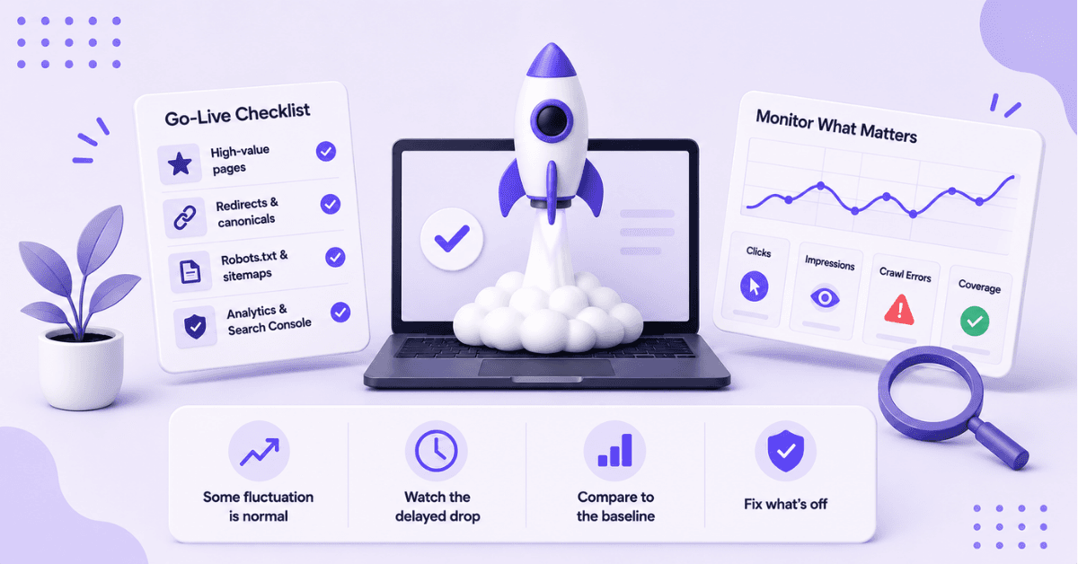 Website launch checklist with SEO tasks and analytics dashboard.