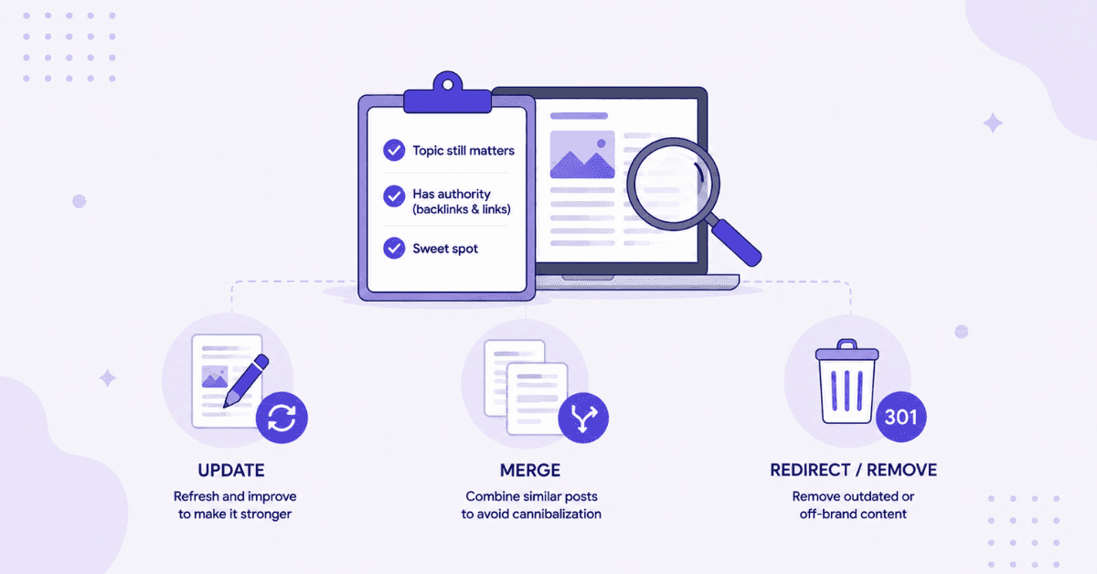 Content update, merge, and redirect decision process illustration.
