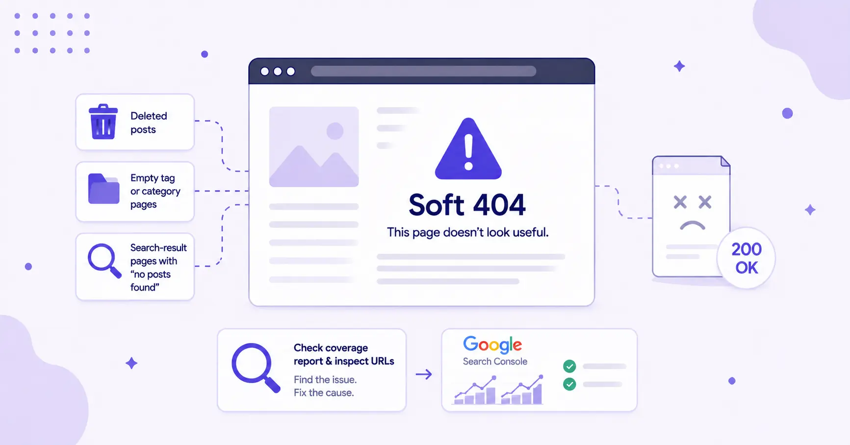 Soft 404 error illustration showing empty pages, deleted posts, and Google Search Console check process.