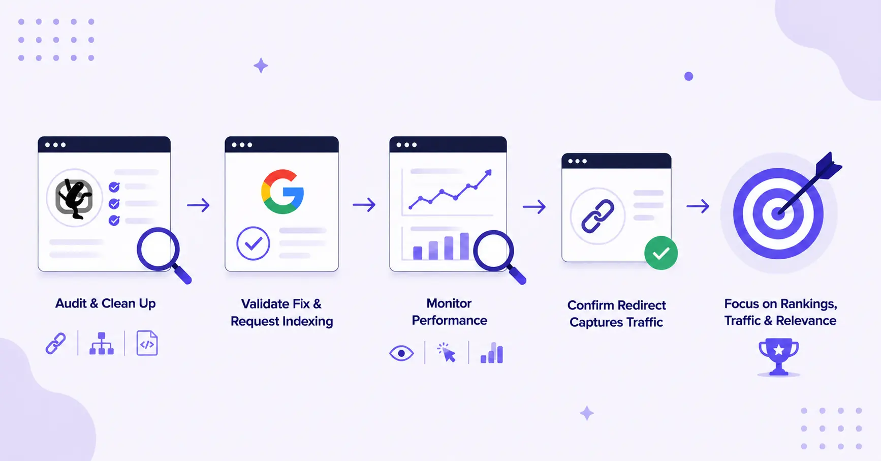 Soft 404 fix workflow showing audit cleanup, indexing request, performance monitoring, and redirect tracking.