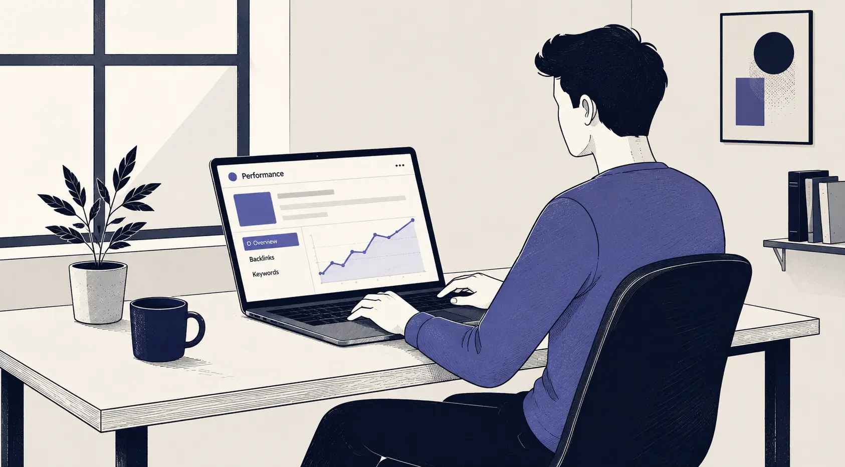 Illustration of a software analyst reviewing performance metrics on a laptop.
