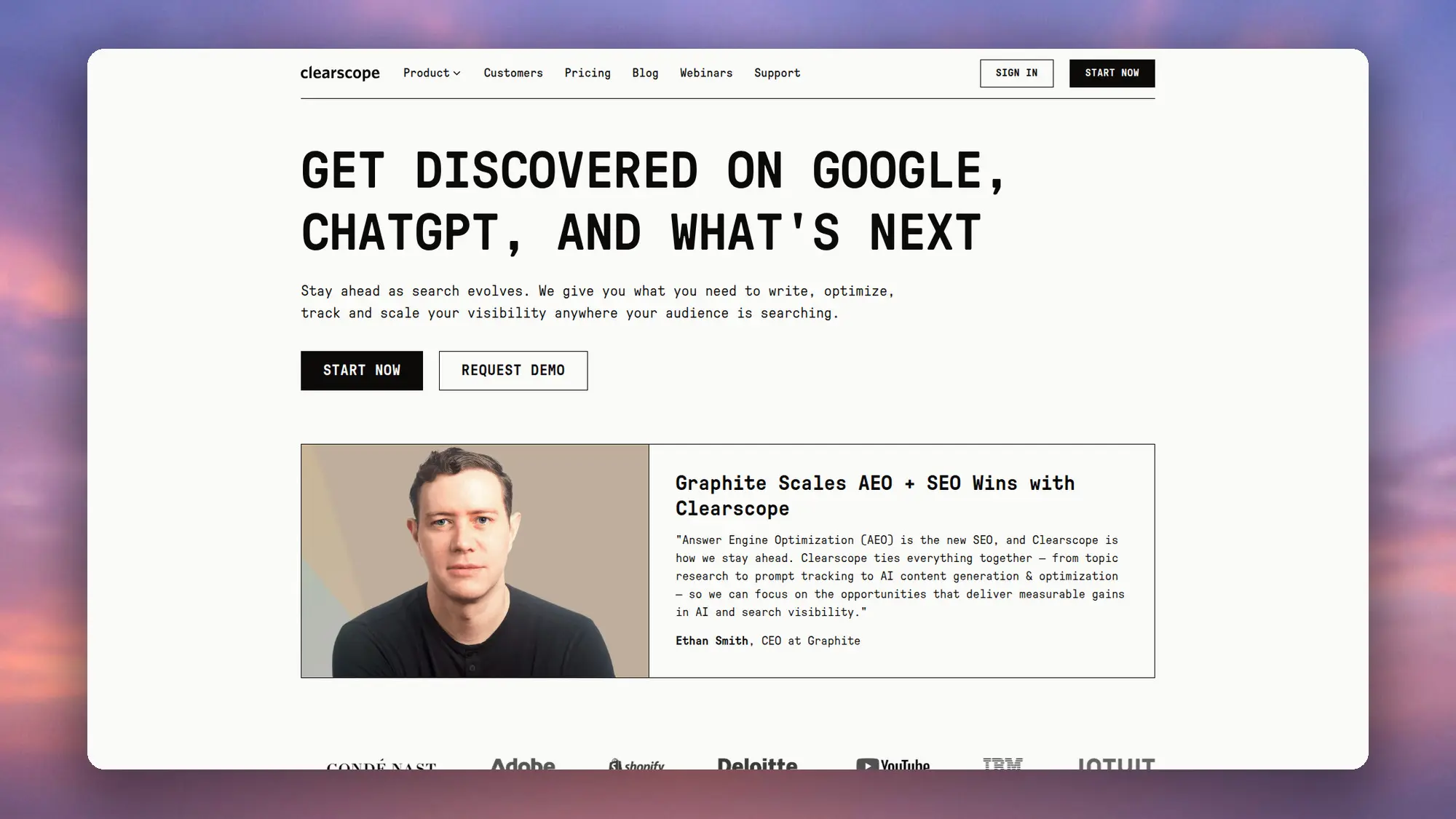 Clearscope homepage: get discovered on Google, ChatGPT, and what is next