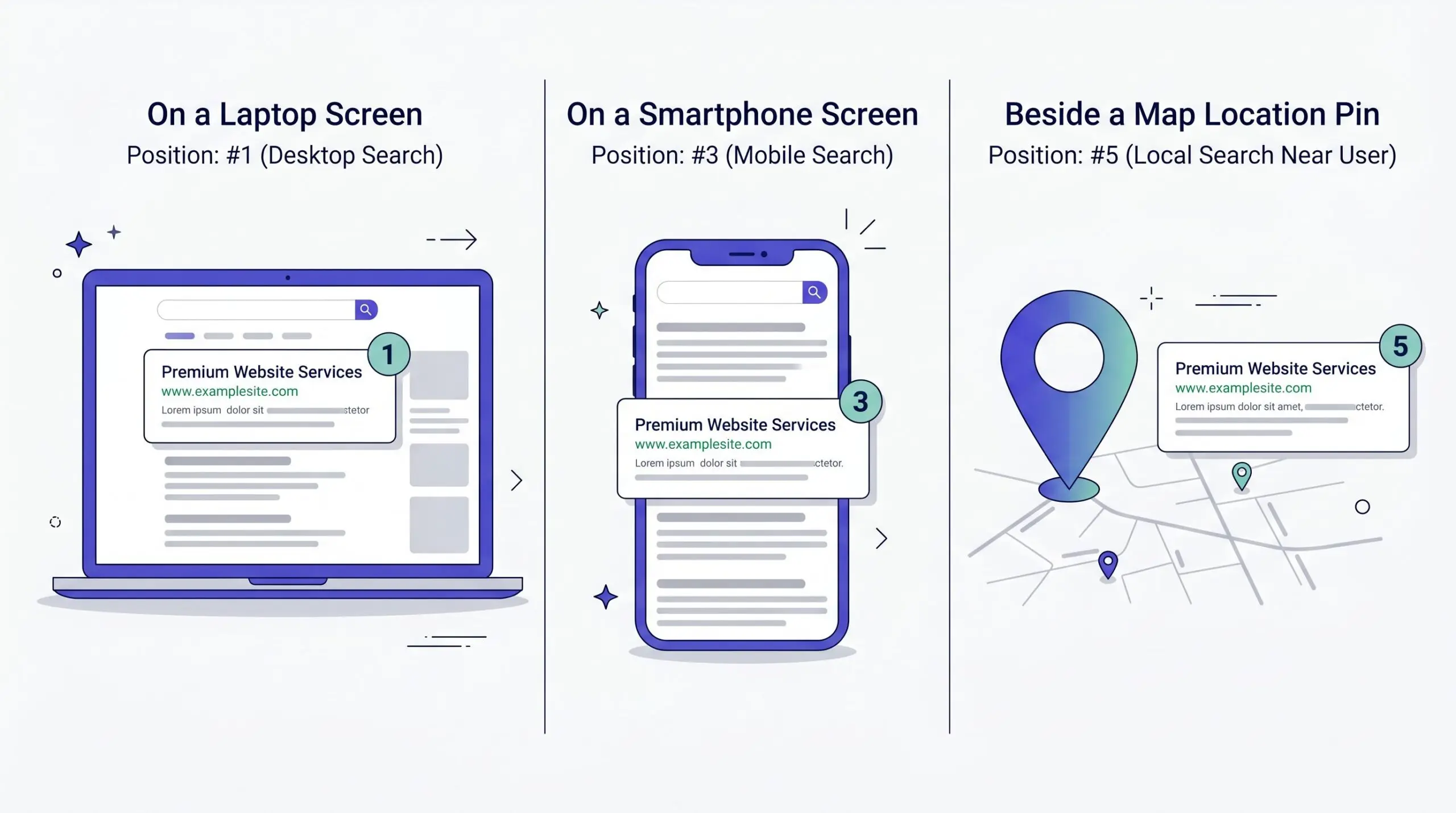 The same page shown at different search positions on laptop, mobile, and local map results