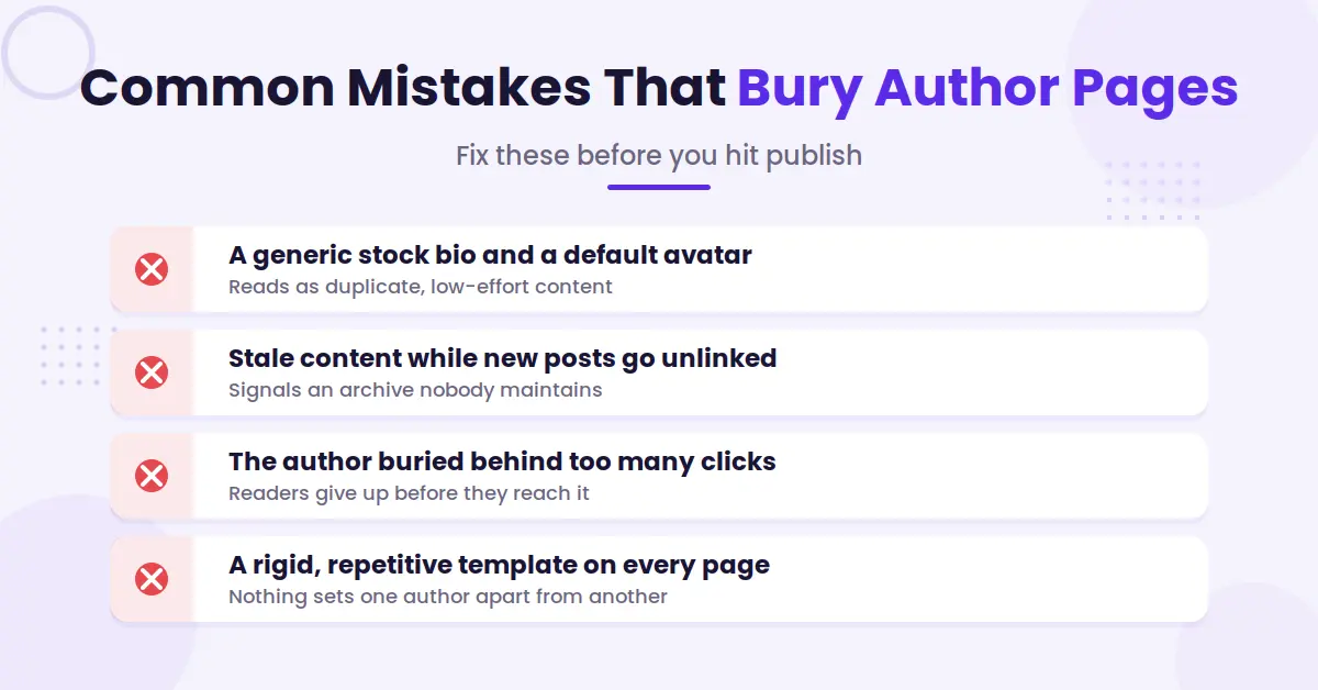 List of common mistakes that people add on their author page.