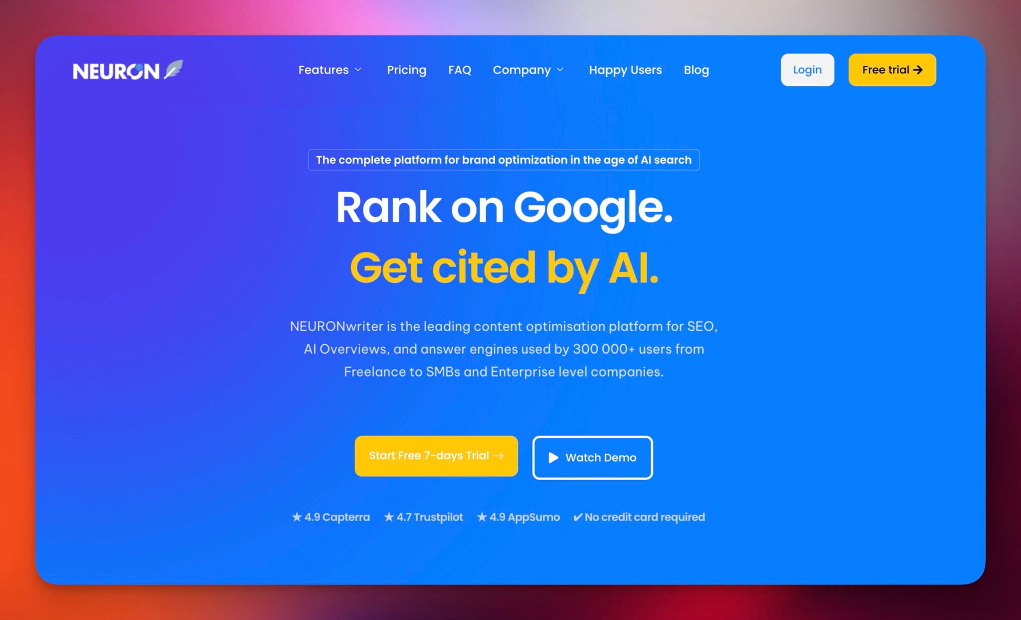 NeuronWriter homepage with the tagline Rank on Google, Get cited by AI