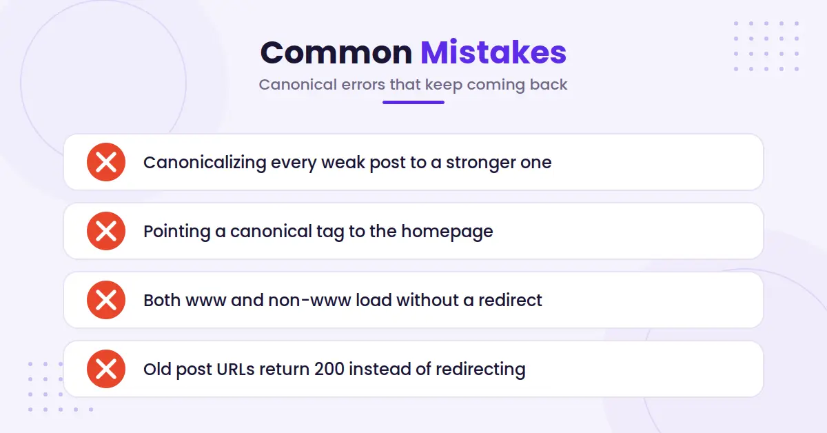 Recurring canonical tag mistakes checklist