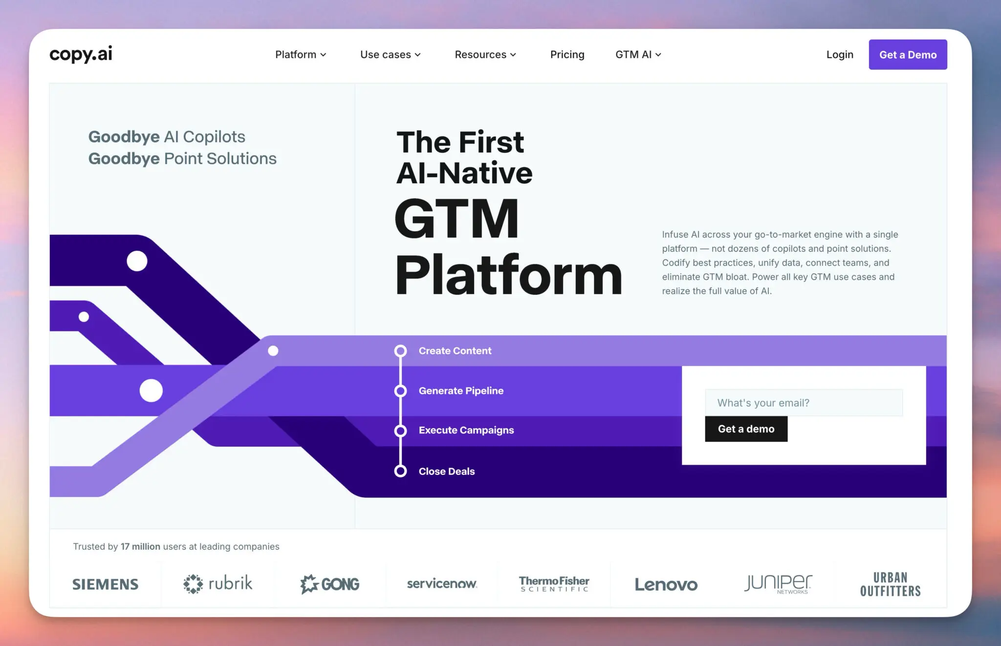Copy.ai homepage pitching the first AI-native GTM platform