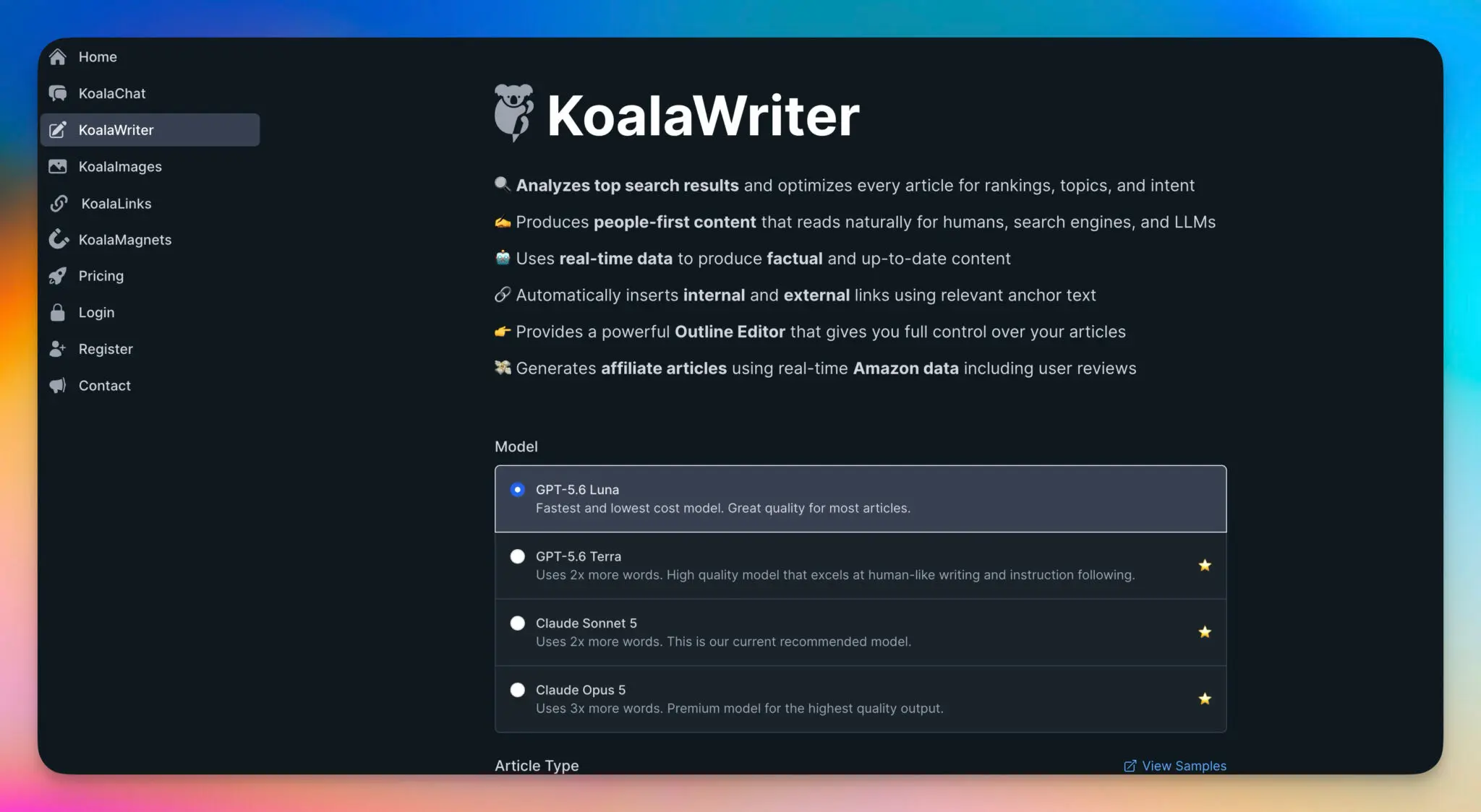 KoalaWriter article writer interface generating an SEO blog post