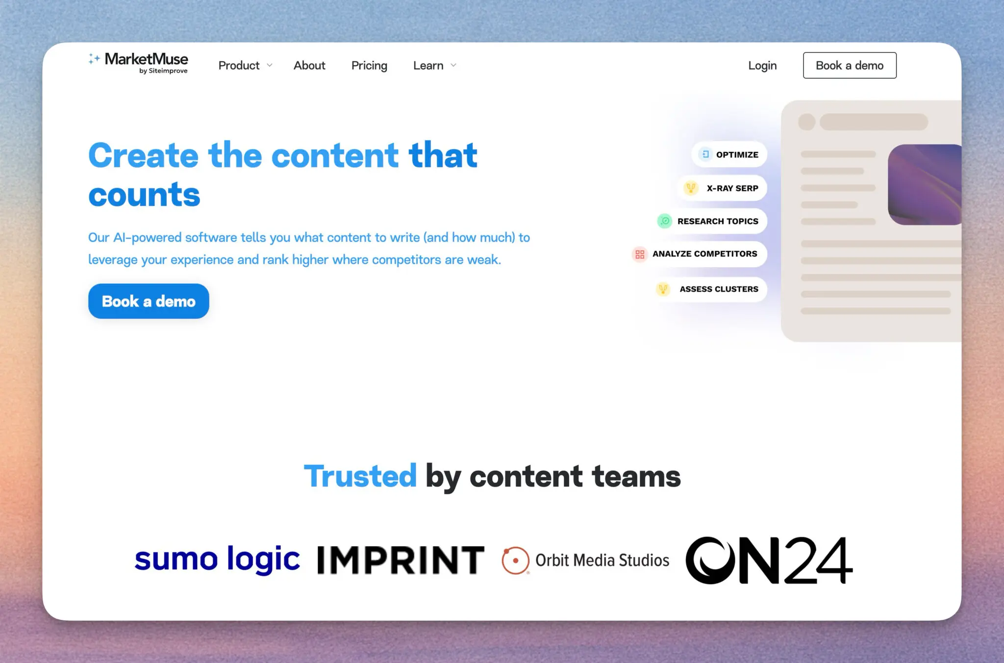 MarketMuse homepage, trusted by content teams for content strategy