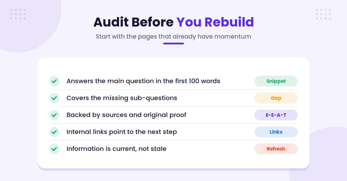 Content audit checklist before rebuilding pages