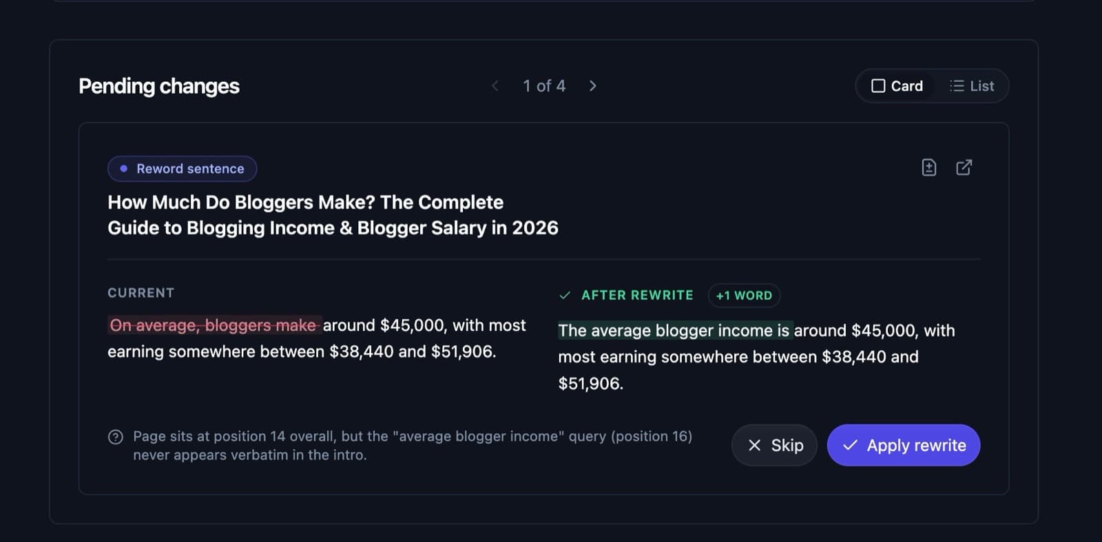 Site Agent pending change card showing a sentence rewrite with the current text struck through, the proposed rewrite highlighted, the Search Console reasoning behind it, and Skip or Apply rewrite buttons
