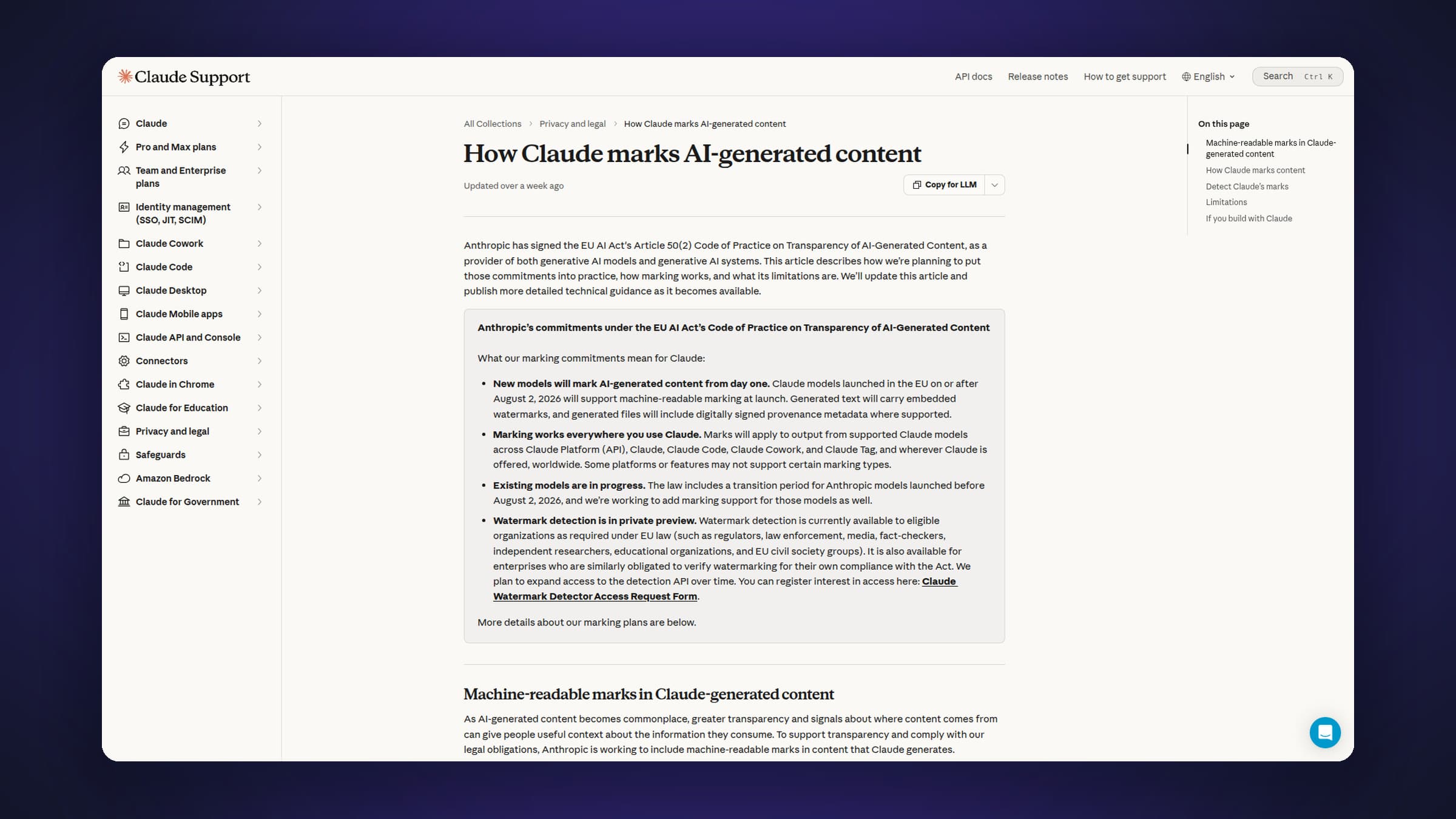 Screenshot of Anthropic's help center article How Claude marks AI-generated content, listing its commitments under the EU AI Act code of practice