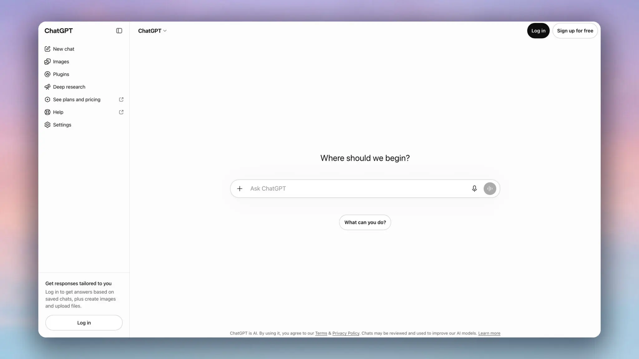 The ChatGPT home screen with the Ask ChatGPT message box and a sidebar for Images, Plugins, and Deep research