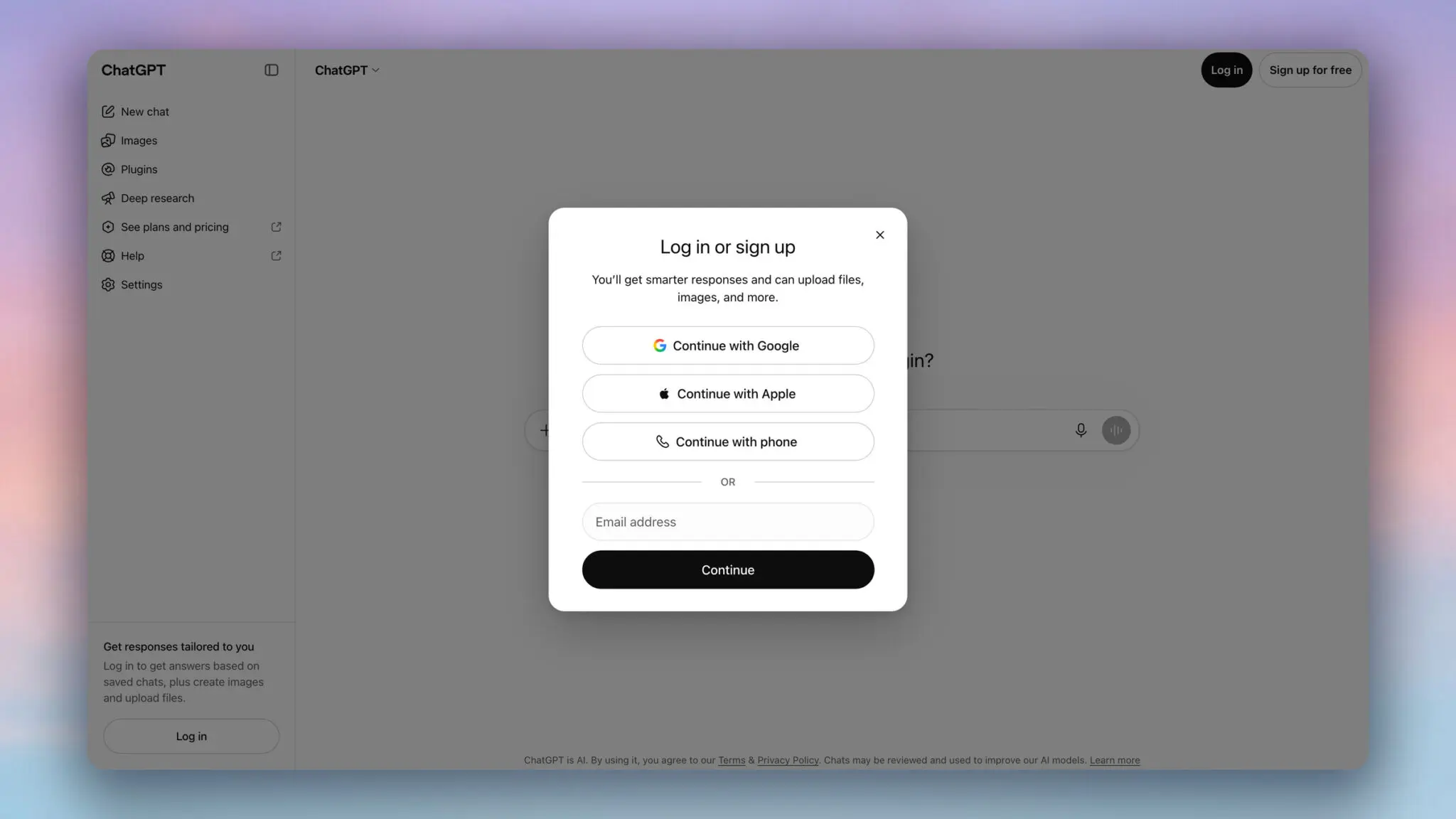 ChatGPT's Log in or sign up dialog with Continue with Google, Apple, and phone buttons plus an email field