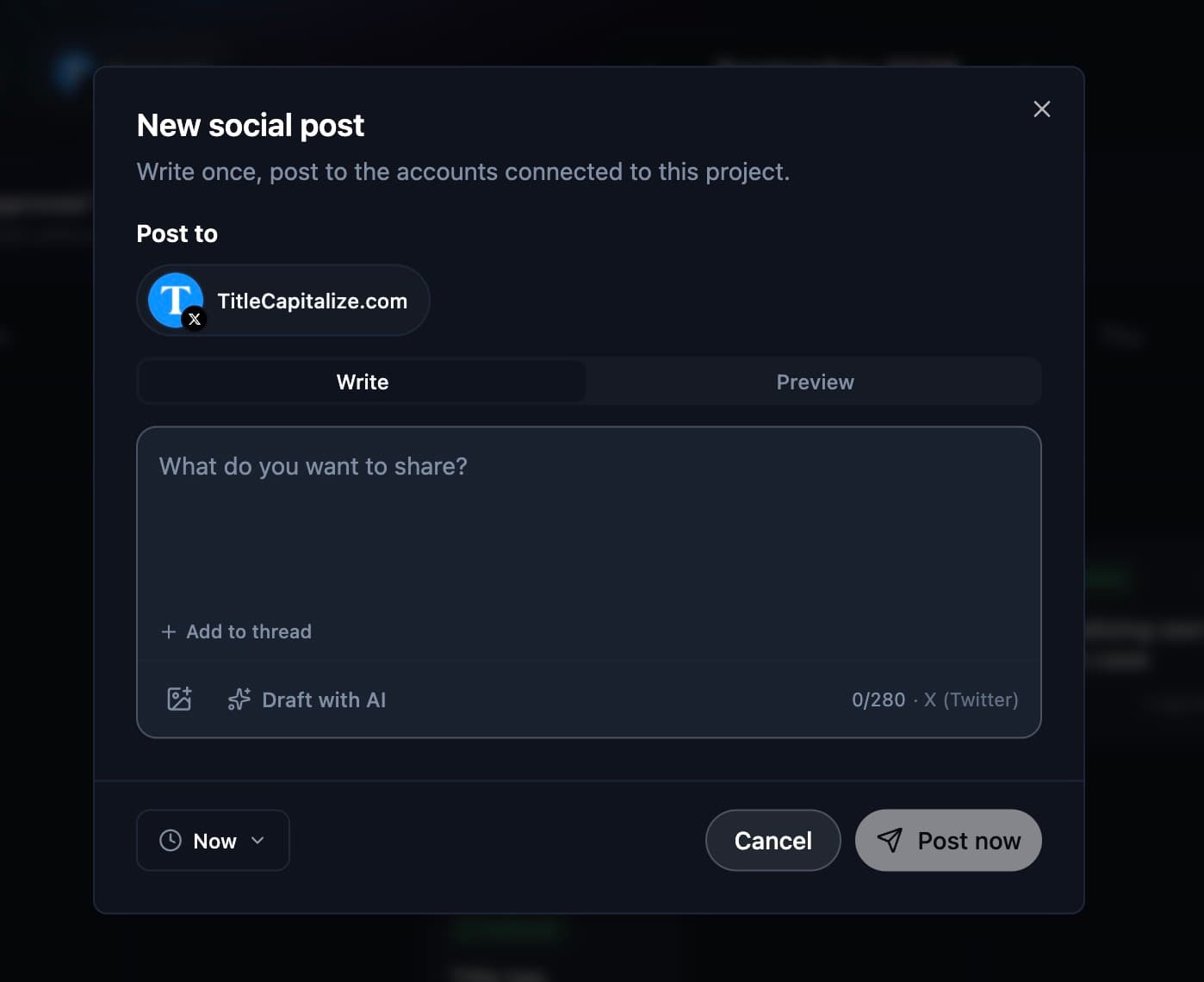 New social post composer in RightBlogger with account selection, caption editor, scheduling, and Post now controls