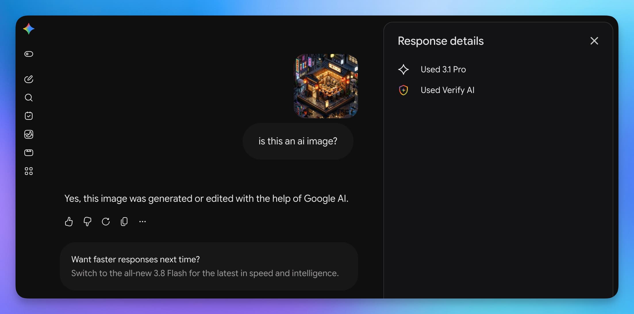 Screenshot of the Gemini app asked whether an uploaded image is AI-generated, answering that it was generated or edited with Google AI, with a Response details panel showing it used Verify AI