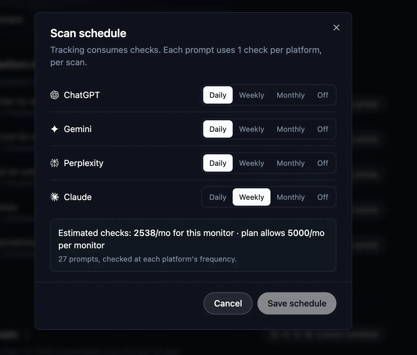 AI Brand Monitor scan schedule with separate frequency controls for ChatGPT, Gemini, Perplexity, and Claude plus estimated monthly checks