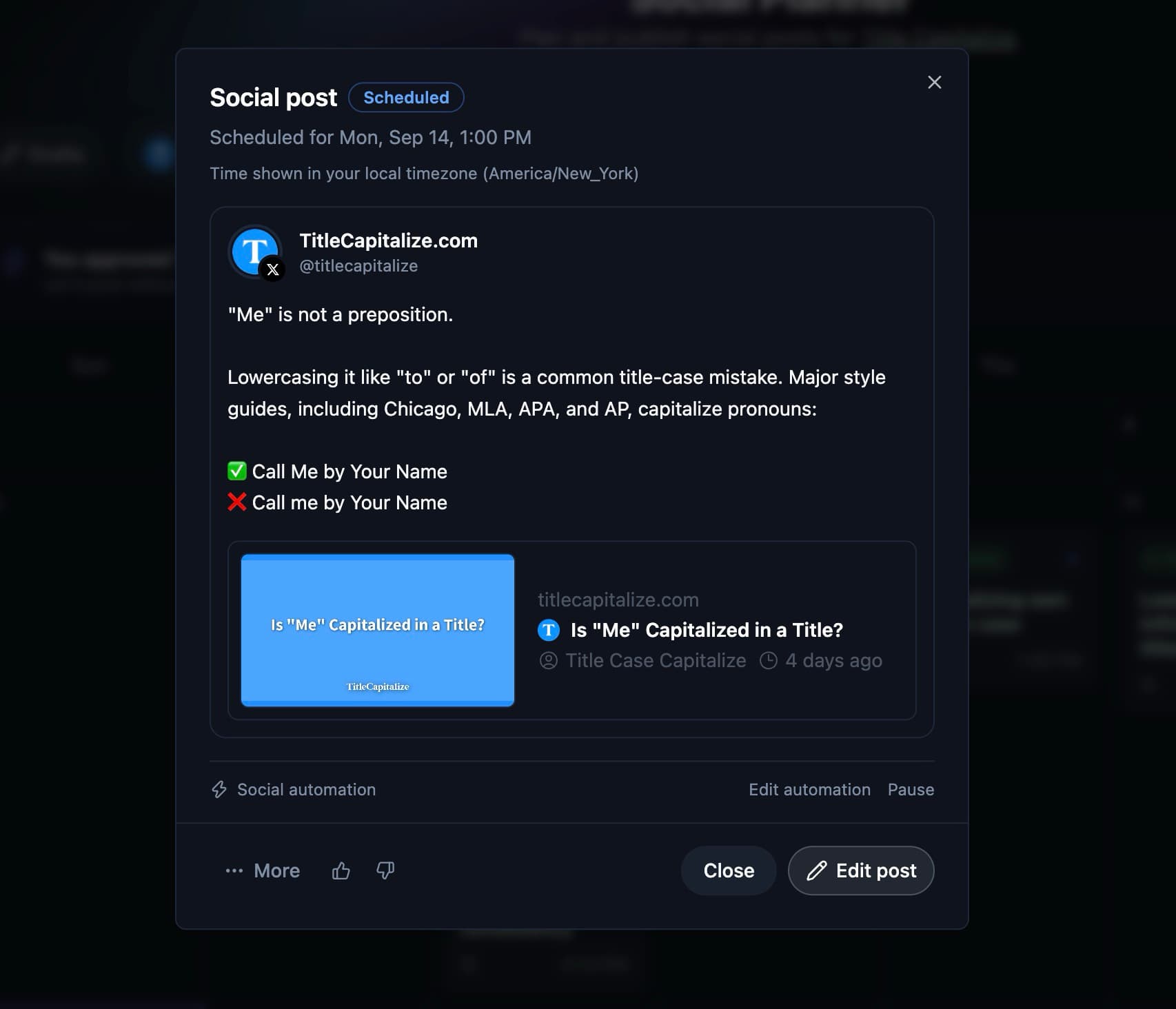 Scheduled social post details in RightBlogger showing the publish time, X account, caption, linked article, and Edit post button