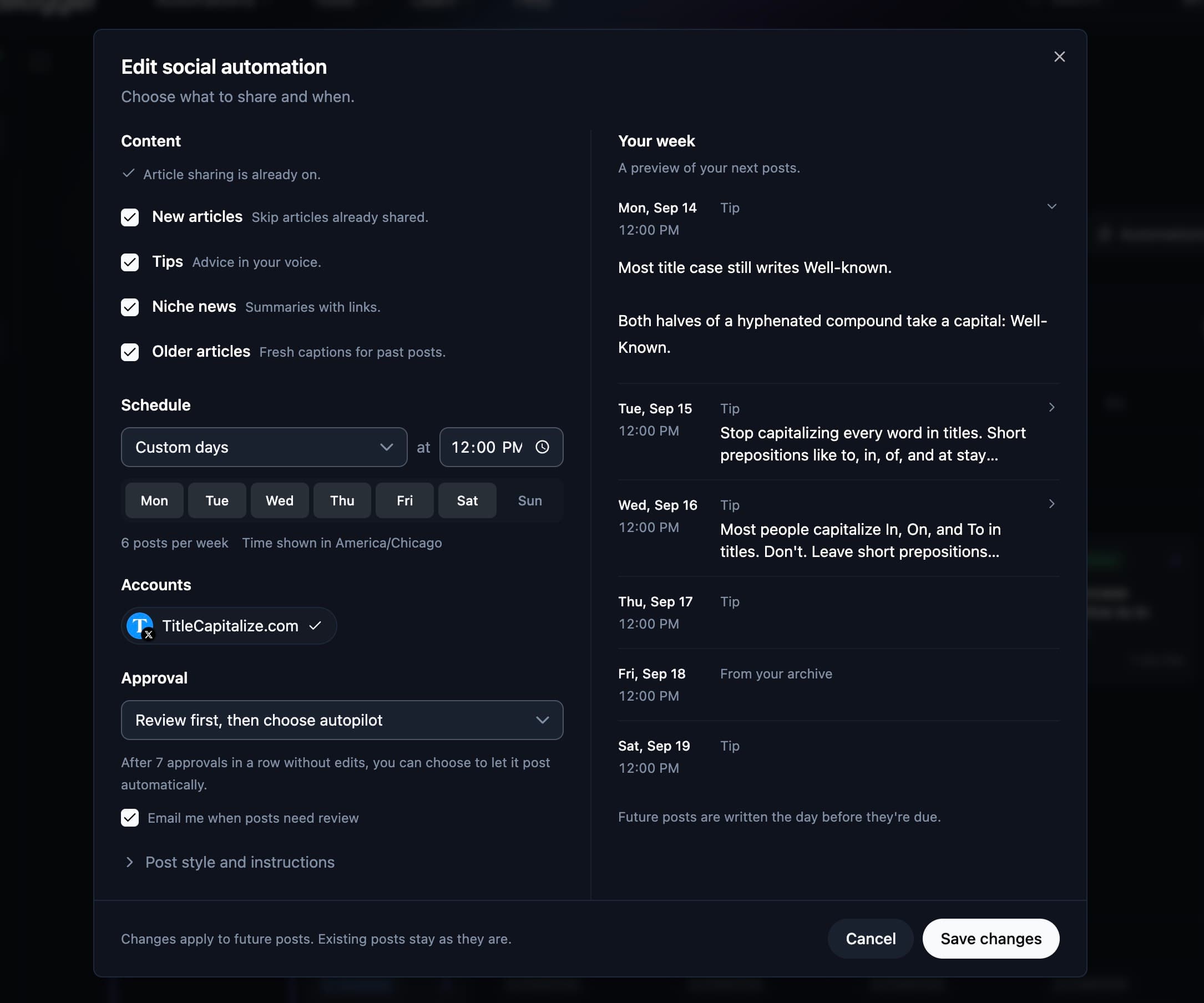 RightBlogger social automation settings with content sources, posting schedule, account, approval mode, and a week preview