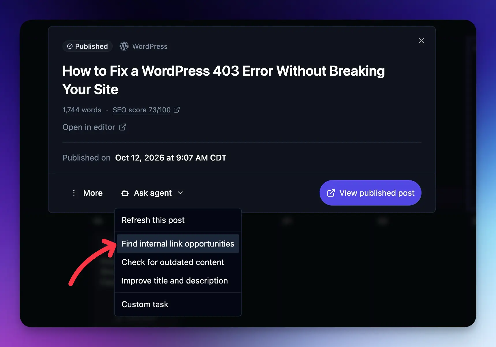 RightBlogger Content Planner post details with the Ask agent menu open and Find internal link opportunities highlighted
