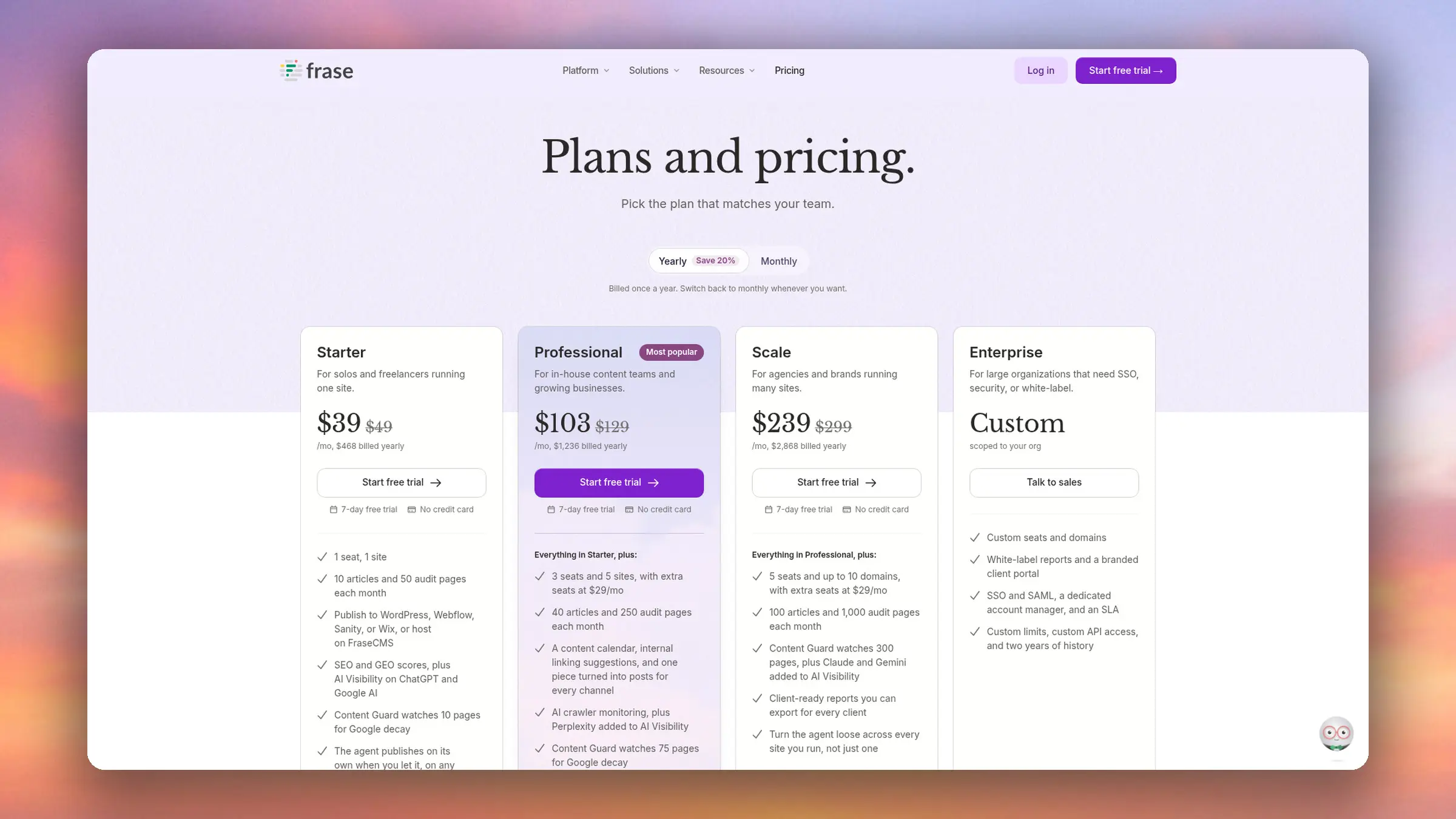 Frase pricing page with Starter, Professional, Scale, and Enterprise plans