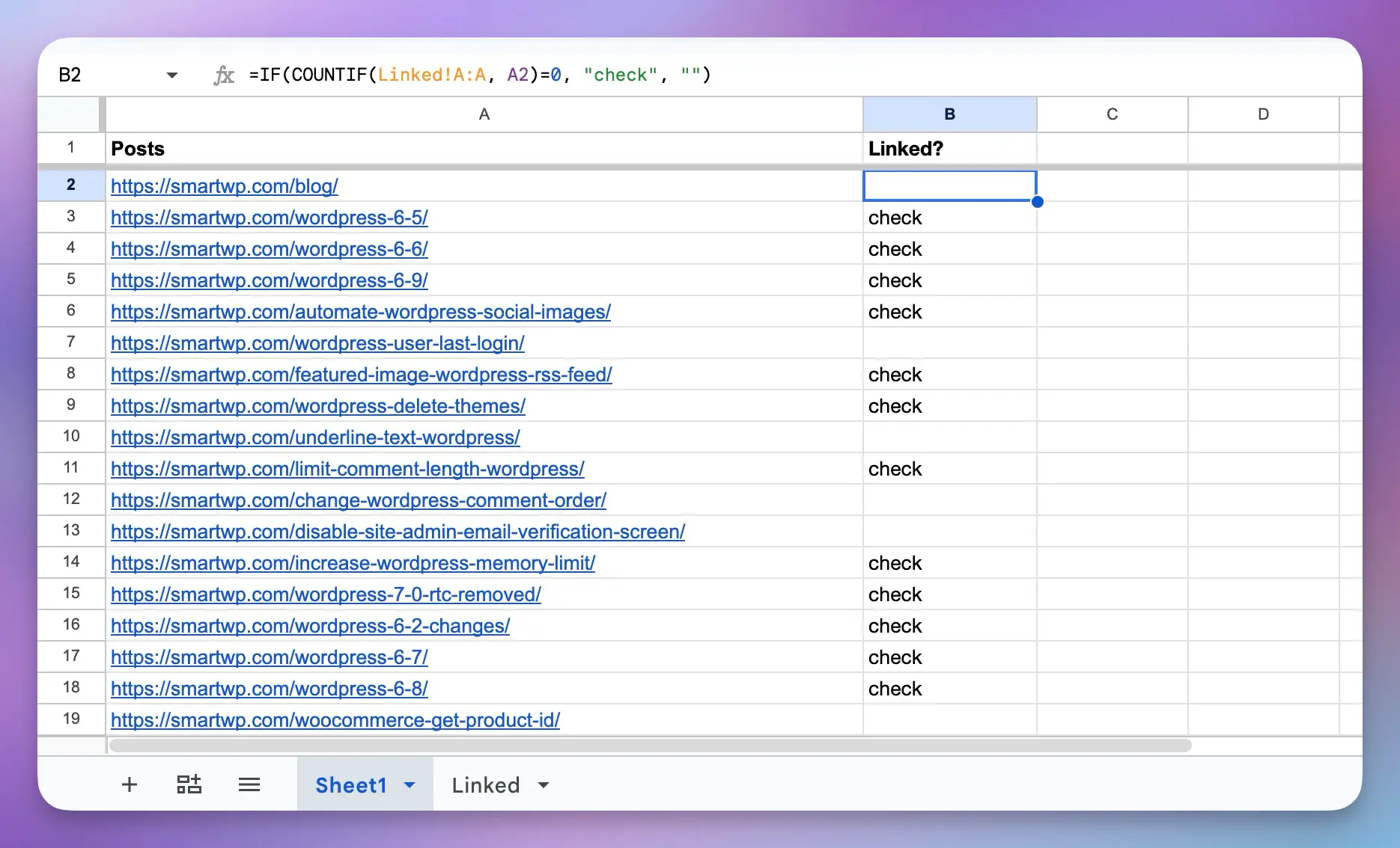 Google Sheet with post URLs in column A and check marked in column B for posts missing from the Linked tab
