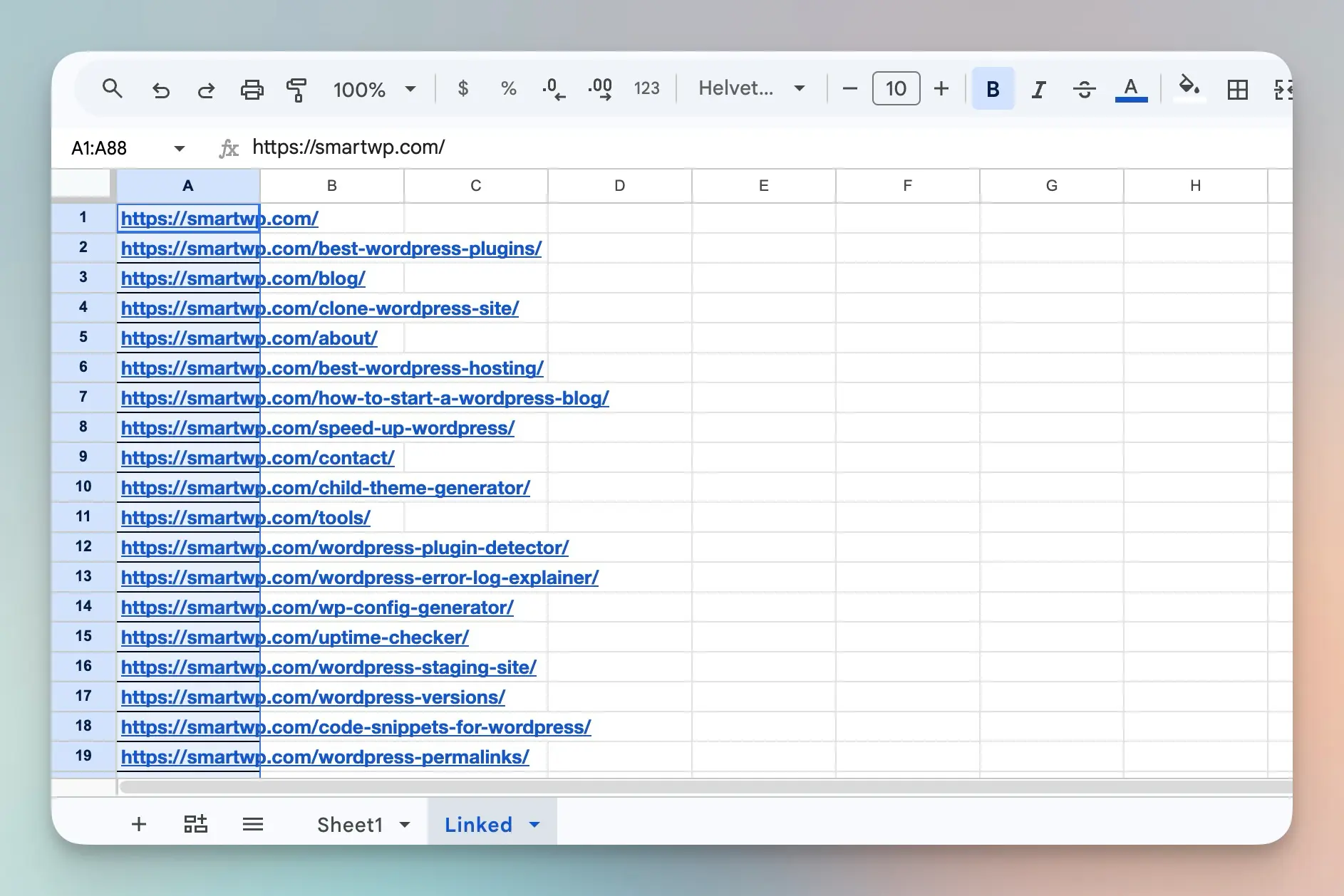 A second Google Sheets tab named Linked with internally linked page URLs pasted into column A