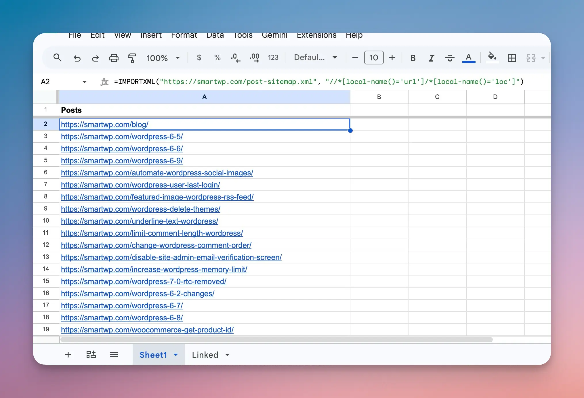 Google Sheet with the IMPORTXML formula in cell A2 filling column A with post URLs from a sitemap
