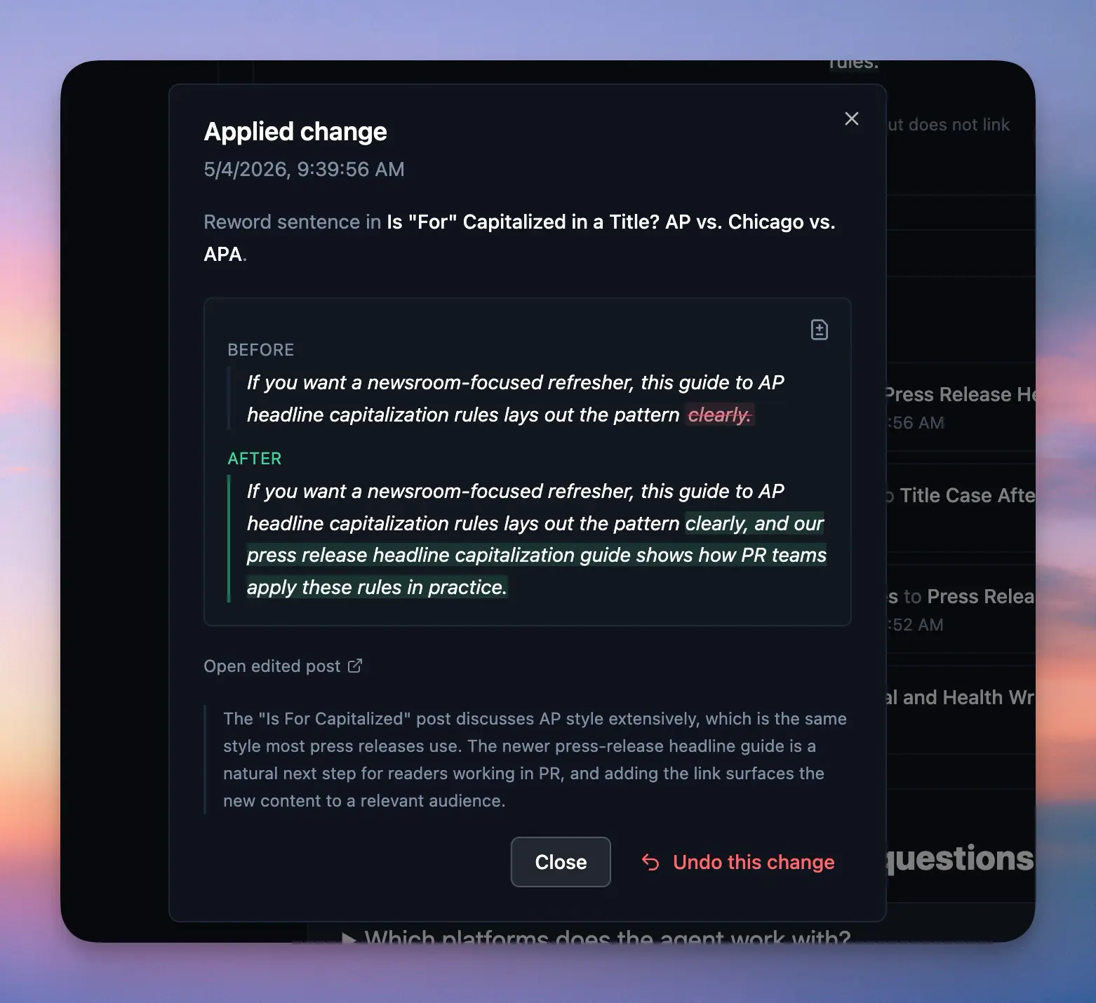 Site Agent applied change showing the sentence before and after, the reason for the edit, and an Undo this change button