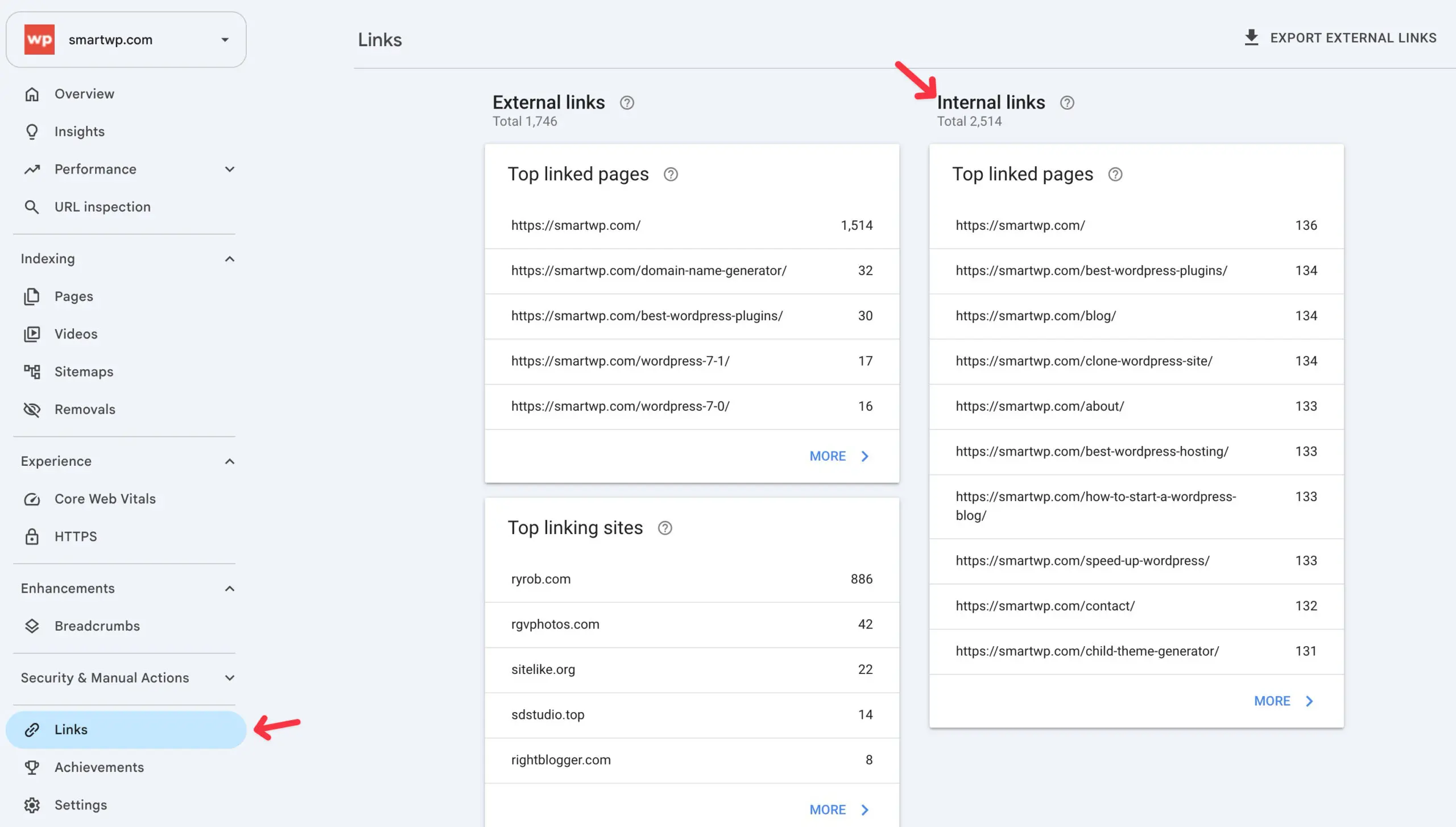 Google Search Console Links report with the Links menu item and the Internal links Top linked pages table highlighted